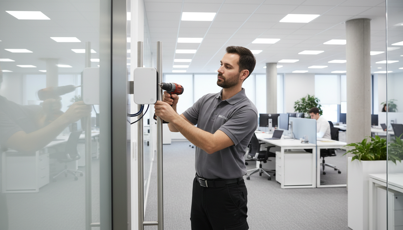 Engineer installing an RFID key fob reader
