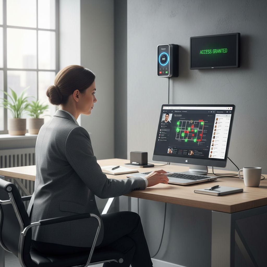 Facility manager reviewing an access control dashboard on a laptop, RFID card reader visible on the wall behind, professional office setting